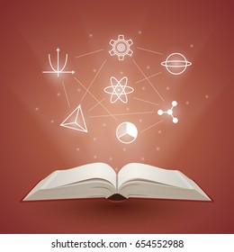 Open book with light coming from it. Knowledge is power. Education and reading concept. Vector illustration