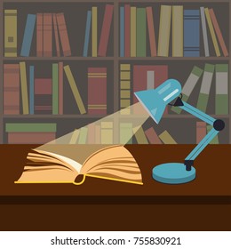 Open book in the light of a work lamp. Simple vector illustration