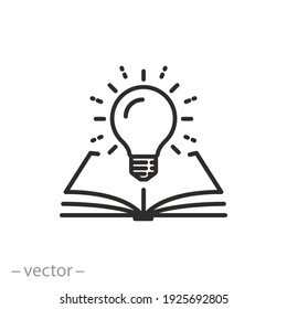 open book with lightbulb, concept new knowledge, understanding wisdom in study, creative idea, thin line symbol on white background - editable stroke vector illustration