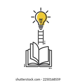 Open book with lightbulb, concept new knowledge. A book with a ladder leading to a light bulb, icon, vector, sticker, symbol.