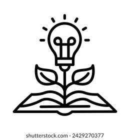 Libro abierto con bombilla, concepto nuevo icono de conocimiento, estilo aislado sobre fondo blanco. Trazo editable.