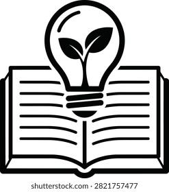 An open book with a lightbulb containing a sprouting plant, symbolizing knowledge and growth.