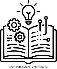 Open book with lightbulb and gears for creative learning and innovation