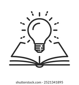 Open book with lightbulb icon. New knowledge, study, creative idea, thin line vector illustration.