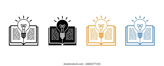 Buch mit Glühbirnen-Icon-Vektor öffnen. Entfesseln Sie Ihr Potenzial mit lebendigen Wissensressourcen und innovativen Ideen. Vektorgrafik.