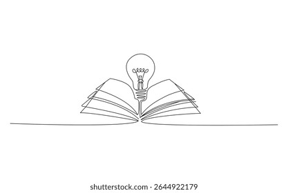 Livro aberto com lâmpada Desenho de linha única Educação Conhecimento Inspiração Ideia Conceito