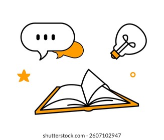 Open book, lightbulb, and speech bubbles in minimal graphic style on white background. Concept of learning, education, creativity, and communication. Vector illustration