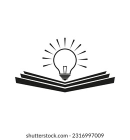 open book with lightbulb, understanding wisdom in study, concept new knowledge, creative idea. Vector illustration. Stock picture.