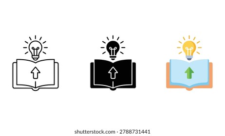 Open book with lightbulb and upward arrow icon set for creative learning and knowledge expansion concepts in versatile graphic design styles