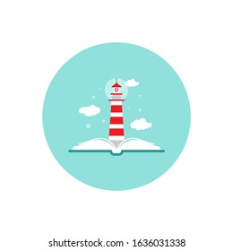 Open book with lighthouse or beacon and clouds in blue circle. Vector flat illustration. Knowledge, reading, education logo. Imagination and inspiration picture. Books can help and guide.