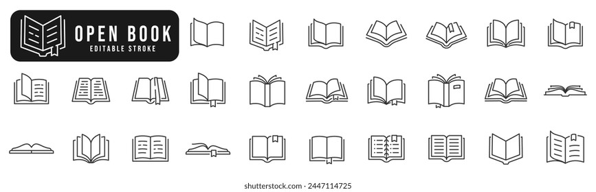 Open book line icon set. Different composition. Editable stroke