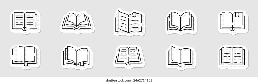 Buchzeilen-Symbolsatz öffnen. Tagebuch, offenes Buch, Seiten, Lesezeichen, Magazin usw. Kunststil des Pops