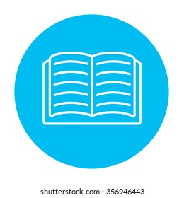 Open book line icon for web, mobile and infographics. Vector white icon on the light blue circle isolated on white background.