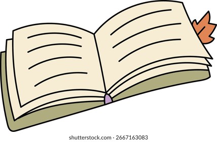 Abra el libro con las páginas alineadas y un marcador en forma de hoja en un estilo de la historieta. La ilustración muestra un cuaderno abierto con un marcador de página decorativo. Ilustración vectorial de dibujos animados.