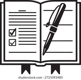 Open book with lines, checkboxes, and pen. Symbolizes planning, task completion, organization and success.