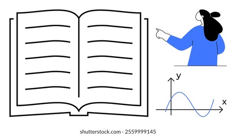 Open book with lines, a person pointing, and a graph with x and y axes. Ideal for education, learning material, teaching resources, mathematics, and academic presentations. Simple modern style