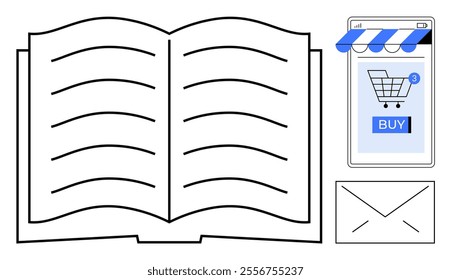 Open book with lines representing text, a smartphone with a shopping cart and buy button, and an envelope icon. Ideal for online shopping, e-books, digital marketing, e-commerce, online learning