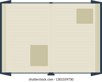 An open book with lines for text and image boxes. Layers are separated for page animation