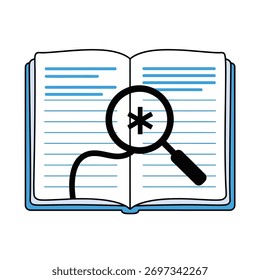 Um livro aberto com linhas de texto e uma lupa pairando sobre um símbolo de asterisco, sugerindo pesquisa ou estudo.