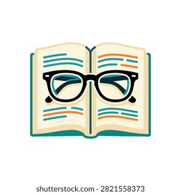 An open book with lines of text and a pair of black-rimmed glasses resting on its pages, representing learning and study.