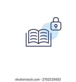Abra livro e feche. Acesso seguro à biblioteca, dados pessoais privados. Pixel perfeito, ícone de vetor de traçado editável