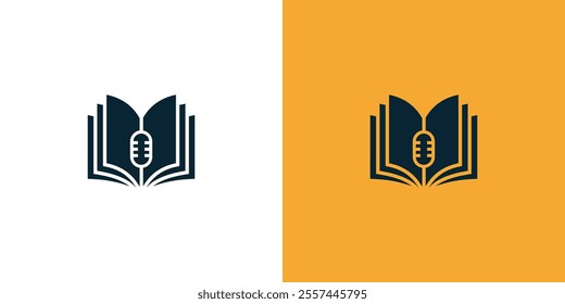 Open book logo design inspiration with microphone design logo. Premium Vector.