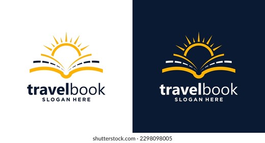 Diseño de logotipo de libro abierto con diseño de imagen vectorial gráfica con logotipo de calle y sol. Símbolo , icono, creativo.