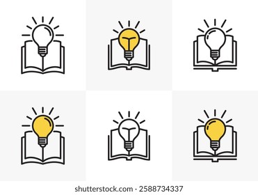 open book logo set with light bulb, collection of new knowledge concepts, understanding wisdom in learning, creative ideas, editable stroke vector illustration in line style design