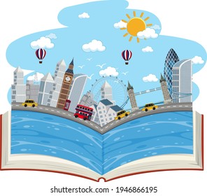 Open book with London town scene illustration