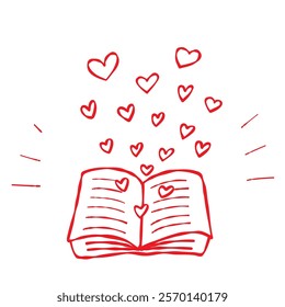 Open Book Love Hearts Swirl Drawing. Red contour isolated on a white background. Love themed illustration for Valentine, anniversaries, weddings, stickers, web, blogs, greeting cards, bookmarks