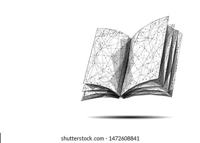 Open book low poly vector illustration on white. 3d encyclopedia. Polygonal textbook, dictionary. Education, information, knowledge metaphor mesh art with connected dots. Reading hobby concept 