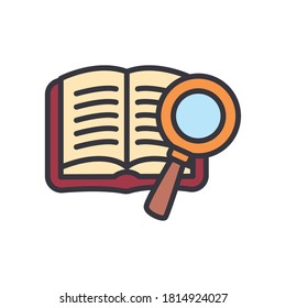 diseño de iconos de tipo libro abierto y línea lupe y estilo de relleno, literatura educativa y tema de lectura Ilustración vectorial