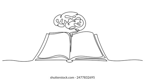 Open book lying down with human brain above continuous one line icon drawing. Book with brain symbol single line vector illustration in doodle style. Education contour linear sign design