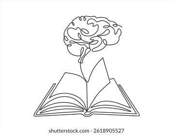 Open book lying down with human brain above continuous one line icon drawing. Book with brain symbol single line vector illustration in doodle style. Education contour linear sign design