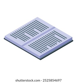 Open book is lying down with pages open displaying neat text in an isometric view