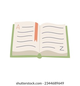 An open book lying on the table, a dictionary, with the letters A and Z. A textbook with a bookmark. Color vector illustration in a flat cartoon style isolated on a white background.