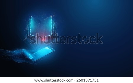 Open Book made of Neon Particles over Low Poly Smartphone in Hand. Abstract geometric illustration on e-reader app, online education mobile application concept by wireframe mesh blue background