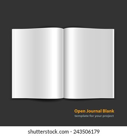 Open book magazine, book magazine double, book magazine page, book magazine spread with blank pages, black book magazine background. Vector book magazine, opened journal EPS10