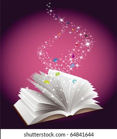 Open book with magic fairy dust falling