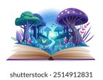 Open book with magic fairy tale world in bright neon light. Fantasy storybook with purple mushrooms and blue river on pages, mystic sorcery story for reading by kids cartoon vector illustration