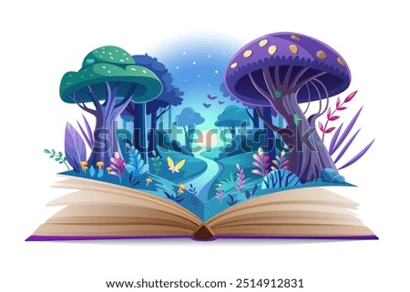 Open book with magic fairy tale world in bright neon light. Fantasy storybook with purple mushrooms and blue river on pages, mystic sorcery story for reading by kids cartoon vector illustration