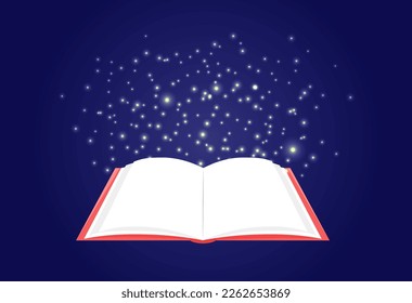 Open book and magic glowing. Concept of importance of knowledge, learning, education and reading. Vector illustration of empty book pages. Blank template.