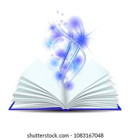 Open book with magic light isolated on white background. Vector illustration