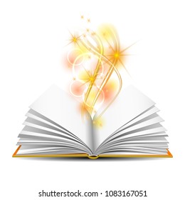 Open book with magic light isolated on white background. Vector illustration