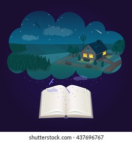 Open book with magic night rural landscape, vector illustration