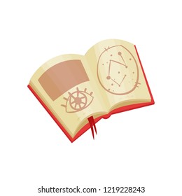 Open book with magic spells and mystical symbols. Divination theme. Flat vector for mobile game or promo banner of fortune-teller