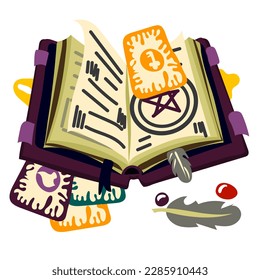 An open book with magic spells, witchcraft, fortune telling and Tarot cards. Fantastic grimoires on alchemy, Ancient volumes of Fairy tales or games with esoteric recipes and Mystical Charms. Cartoon