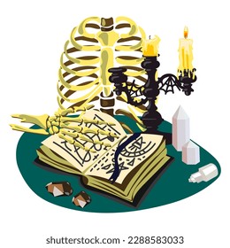 An open book with magic spells, witchcraft, divination. Fantastic ancient volumes with esoteric recipes and mystical recipes. Cartoon. Ribs, human skeleton, candles, candlestick, crystals, simple book