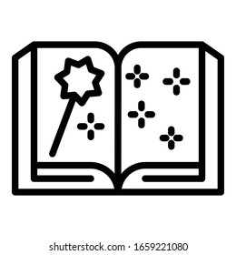 Open book and magic wand icon. Outline open book and magic wand vector icon for web design isolated on white background