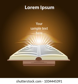 Open book with a magical bright light from the inside lies on a closed book.Glowing, flying, displayed text in the air.Old brown book and the Golden text.Isolated on dark background. Place for text